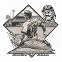 A baseball player sliding into home plate with a 1967 mustang in the background and the phrase 'my buddy, my pal, my friend' written in the dirt tattoo design idea