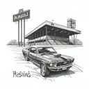 throwback baseball stadium with a 1967 mustang parked outside tattoo design idea