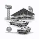 throwback baseball stadium with a 1967 mustang parked outside tattoo design idea