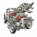 Vintage baseball card collage incorporating elements of a 1967 mustang and 302 engine tattoo design idea