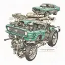 Vintage baseball card collage incorporating elements of a 1967 mustang and 302 engine tattoo design idea