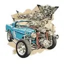 Vintage baseball card collage incorporating elements of a 1967 mustang and 302 engine tattoo design idea