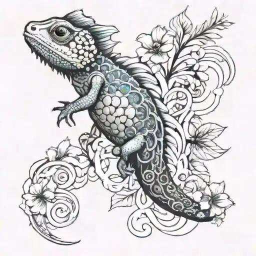 I want the tattoo to be a combination of chameleon and licorice flower and symbol of water element tattoo design idea