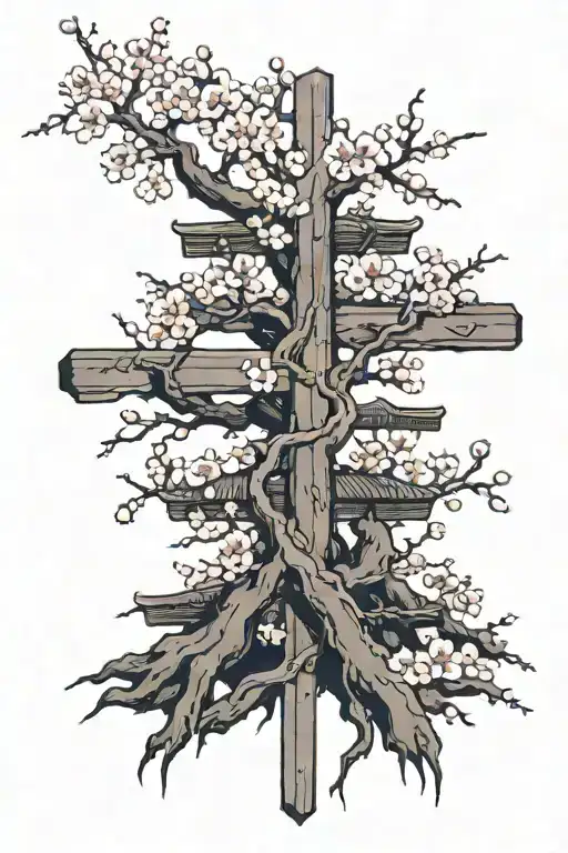 cross that turns into cherry blossom tree tattoo design idea