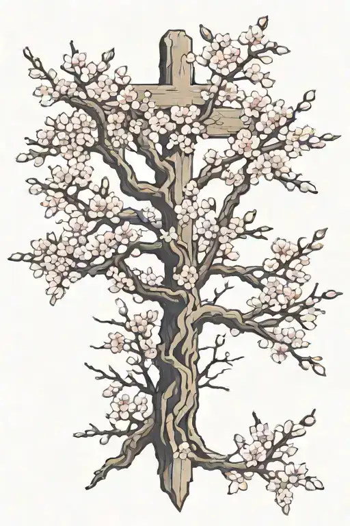 cross that turns into cherry blossom tree tattoo design idea