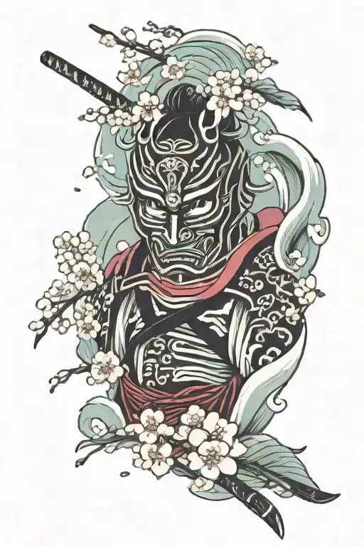 Mask samurai, wave, cherry blossom petals falling tattoo design idea