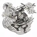 samurai, cherry blossom petal falling, wave crashing tattoo design idea