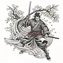 samurai, cherry blossom petal falling, wave crashing tattoo design idea