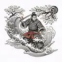 samurai, cherry blossom petal falling, wave crashing tattoo design idea