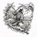 samurai, cherry blossom petal falling, wave crashing tattoo design idea