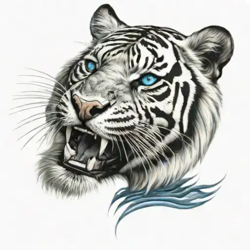 roaring black and white tiger with blue eyes  tattoo design idea