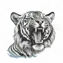 roaring black and white tiger with blue eyes looking out  tattoo design idea