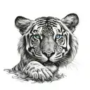 roaring black and white tiger with blue eyes looking out  tattoo design idea