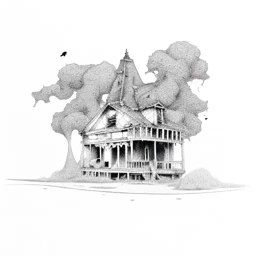 A haunted ghost town with dilapidated buildings and eerie shadows tattoo design idea