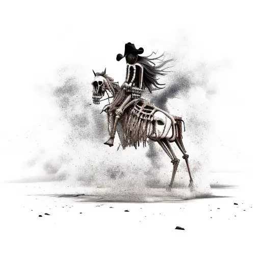 A skeletal cowboy riding a ghostly horse through a desolate western landscape tattoo design idea