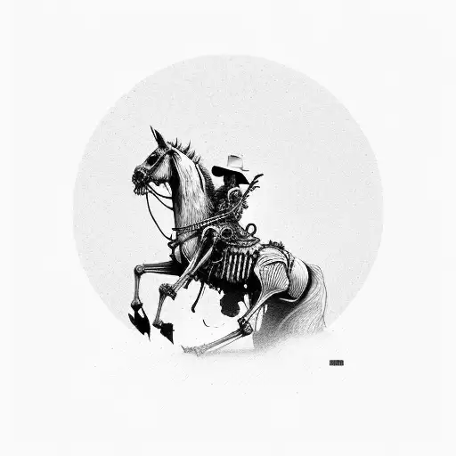 A skeletal cowboy riding a ghostly horse through a desolate western landscape tattoo design idea
