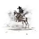 A skeletal cowboy riding a ghostly horse through a desolate western landscape tattoo design idea