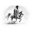 A skeletal cowboy riding a ghostly horse through a desolate western landscape tattoo design idea