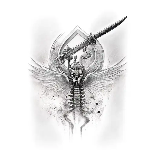 spine sword tatto with soilder of god in writitng tattoo design idea