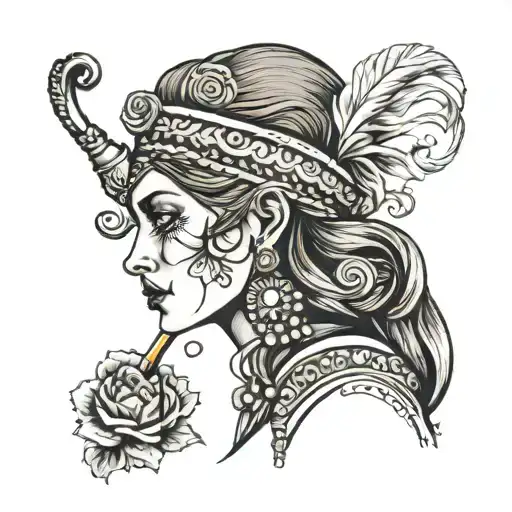a womans gypsy head smoking pipe tattoo design idea