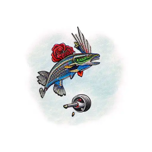pike with rose in its mouth tattoo design idea