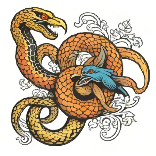 snake and bird fighting in air tattoo design idea