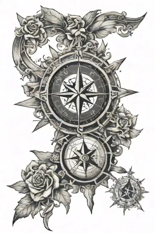 An intricate design of a compass rose with each direction pointing to a different family member's birthplace, surrounded by food and travel symbols tattoo design idea