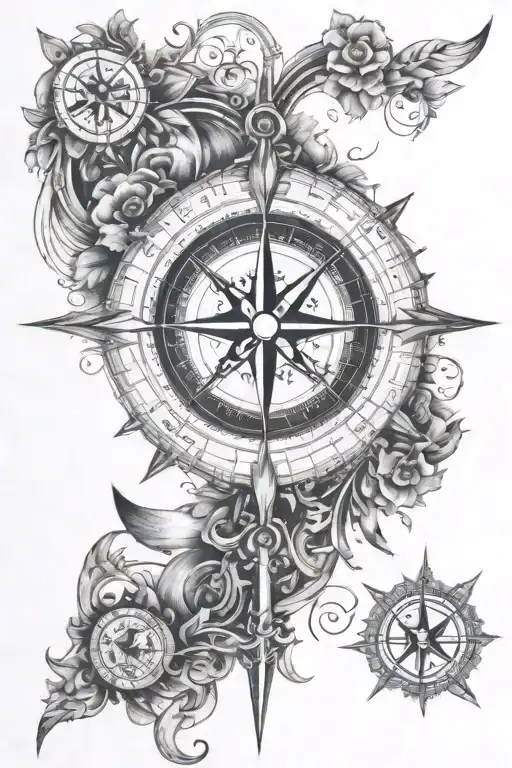 An intricate design of a compass rose with each direction pointing to a different family member's birthplace, surrounded by food and travel symbols tattoo design idea