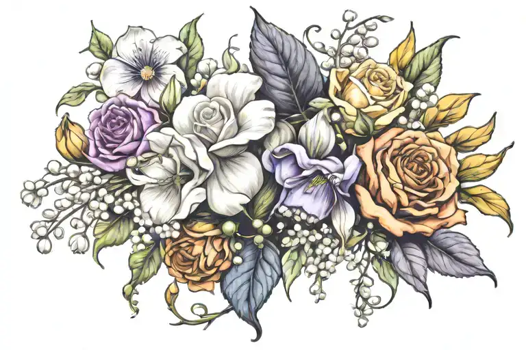 rose, daisy, marigold, violet flower, lily of the valley tattoo design idea