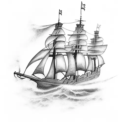 Rustic Pirate ship with keltic crosses on the sails an waves crashing up against the ship  tattoo design idea