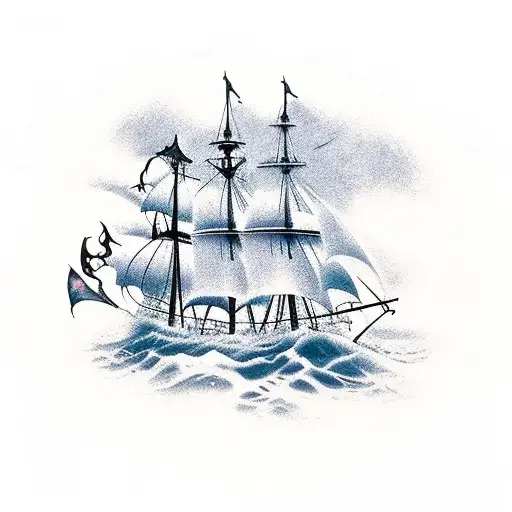 Rustic Pirate ship with keltic crosses on the sails an waves crashing up against the ship  tattoo design idea