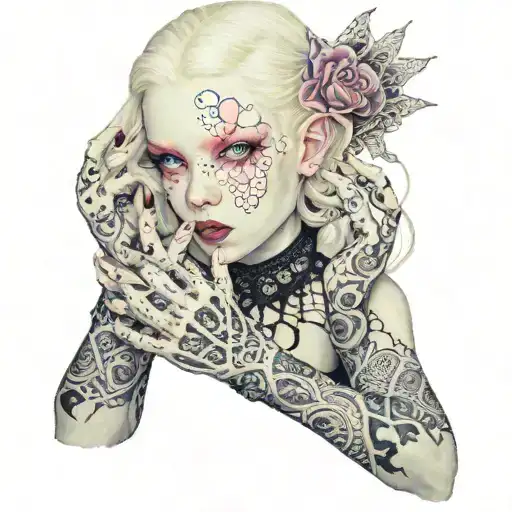 albino girl with pink eyes wearing lace gloves tattoo design idea