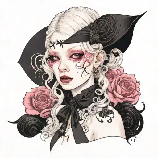 albino girl with pink eyes in dramatic makeup tattoo design idea