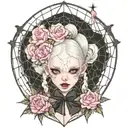 albino girl with pink eyes in lolita fashion in a spiderweb  tattoo design idea