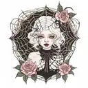 albino girl with pink eyes in lolita fashion in a spiderweb  tattoo design idea