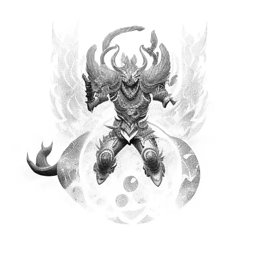 A dynamic tattoo featuring Kindred in a fierce battle with another League of Legends character, surrounded by swirling energy. tattoo design idea