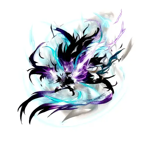 A dynamic tattoo featuring Kindred in a fierce battle with another League of Legends character, surrounded by swirling energy. tattoo design idea