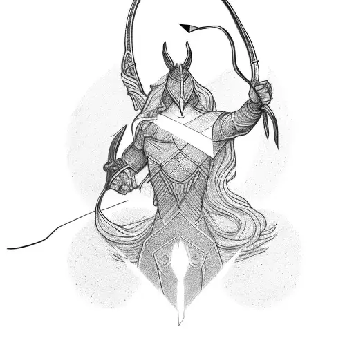 A minimalist tattoo depicting the silhouette of Kindred standing on a moonlit hill, with their bow and arrow ready to strike. tattoo design idea