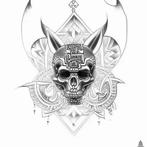 Design a tattoo that incorporates the symbols of gang life and Aztec art in a black-grey style tattoo design idea