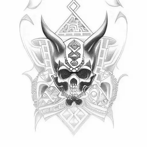 Design a tattoo that incorporates the symbols of gang life and Aztec art in a black-grey style tattoo design idea