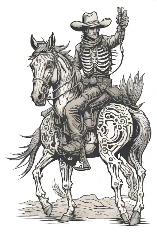western style tattoos, cactus, skeleton cowboy on a horse  tattoo design idea