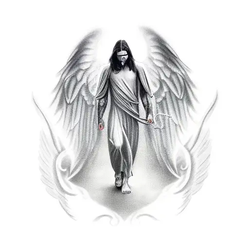 dark male angel with text patronus angelus tattoo design idea