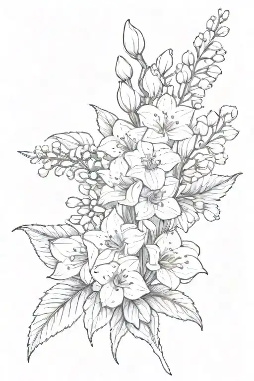 lily of the valley, hawthorne flower, delphinium, water lily, poppy, gladiolus, holly, and narcissus tattoo design idea