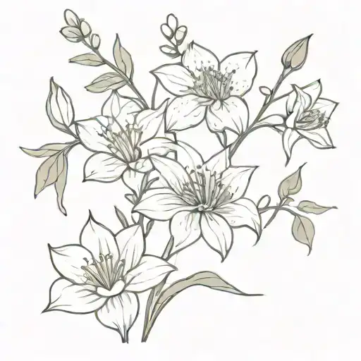 holly flower, narcissus, lily of the valley, hawthorn flower, poppy and gladiolus, delphinium, and water lily banquet tattoo design idea