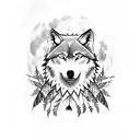 a full moon with a wolf sitting under it howling. feathers floating down on wisps of wind. set in a simplistic forest  tattoo design idea