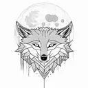 a full moon with a wolf sitting under it howling. feathers floating down on wisps of wind. set in a simplistic forest  tattoo design idea