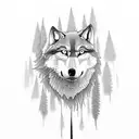 a full moon with a wolf sitting under it howling. feathers floating down on wisps of wind. set in a simplistic forest  tattoo design idea