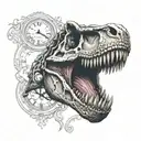 dead t-rex skull biting clock tattoo design idea