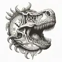 dead t-rex skull biting clock tattoo design idea