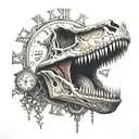 dead t-rex skull biting clock tattoo design idea